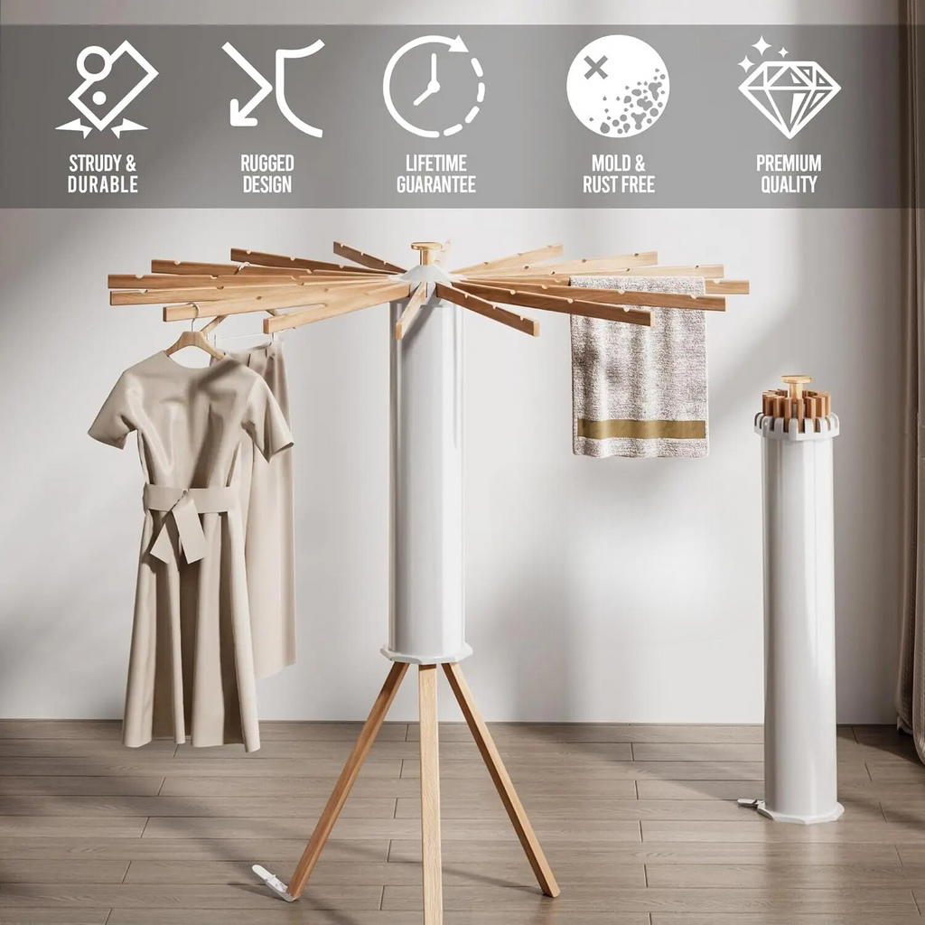 Bamboo laundry drying rack for air drying clothes