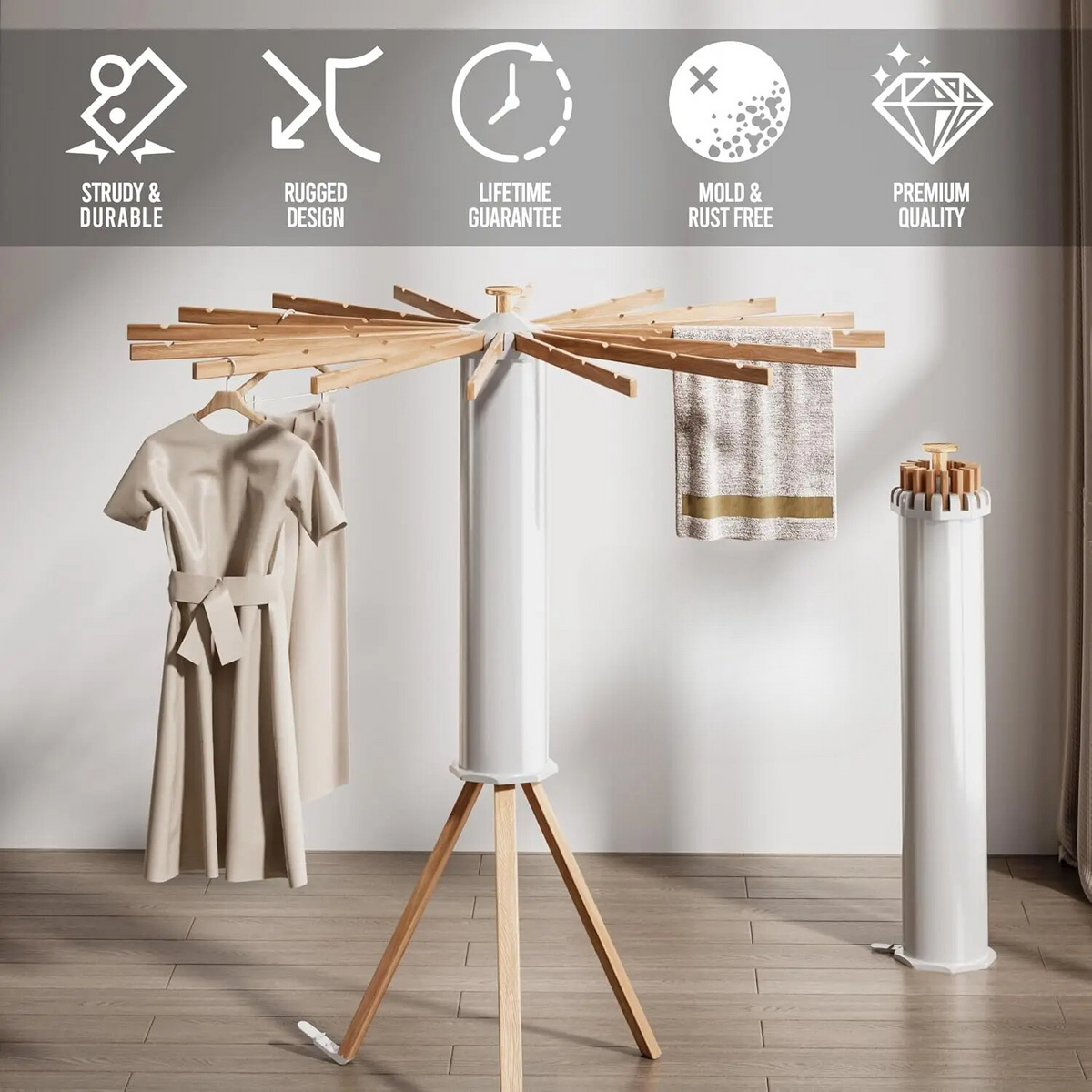 Bamboo laundry drying rack for air drying clothes