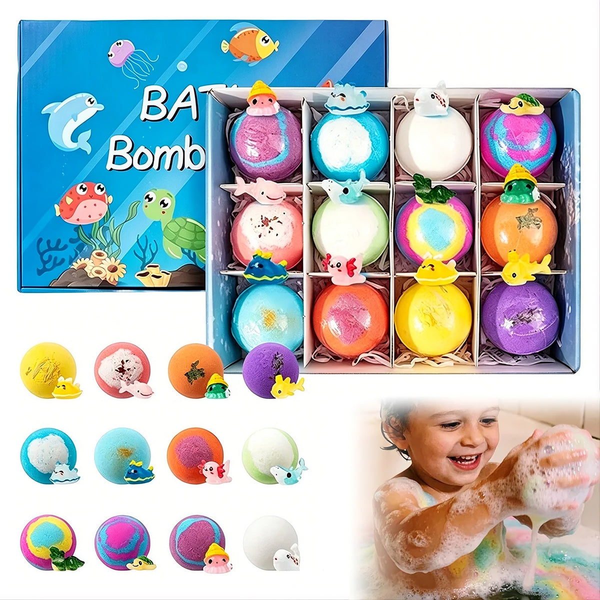 Kids bath bomb gift set with colorful surprise bath bombs