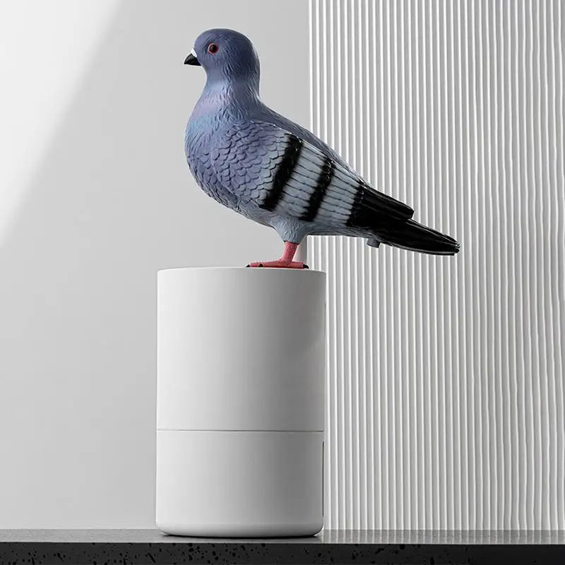 Realistic pigeon perched on a cylindrical white object against a light gray background