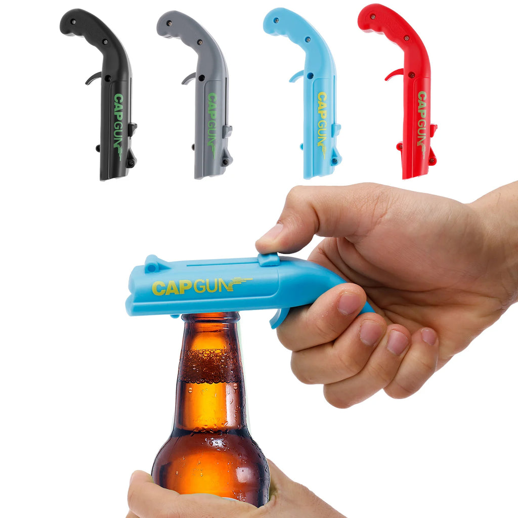 Cap gun bottle opener for removing bottle caps