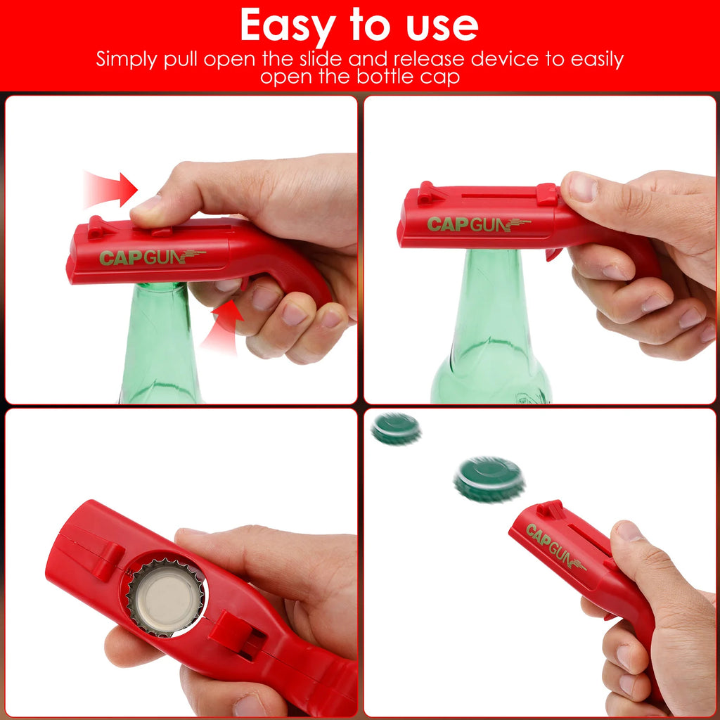 Cap gun bottle opener removing a metal bottle cap
