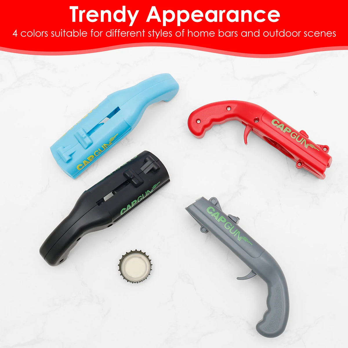 Cap gun bottle opener removing a metal bottle cap