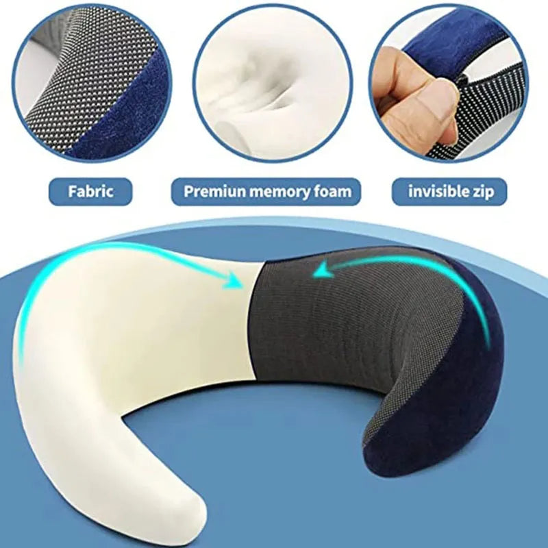 Neck pillow with fabric, memory foam, and invisible zip features on a blue background