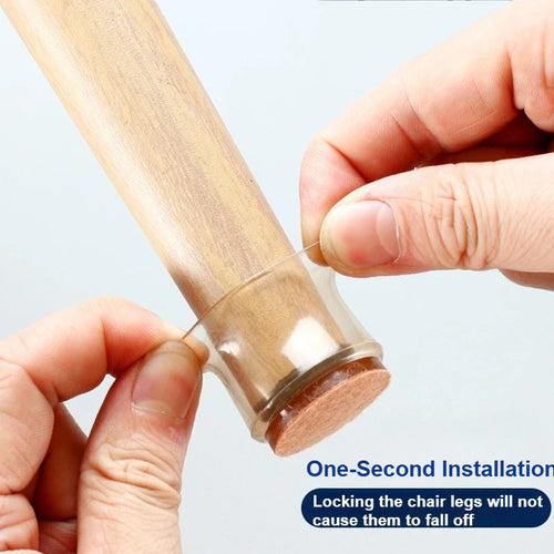 Person installing a clear plastic sleeve onto a wooden chair leg with text about one-second installation.
