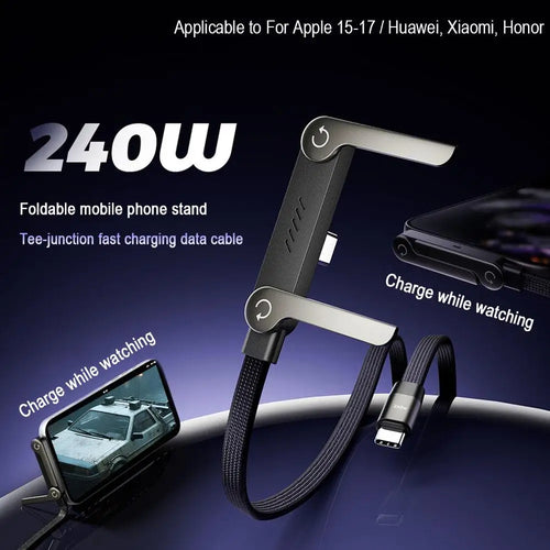 Foldable phone stand and fast charging cable with text on a dark background