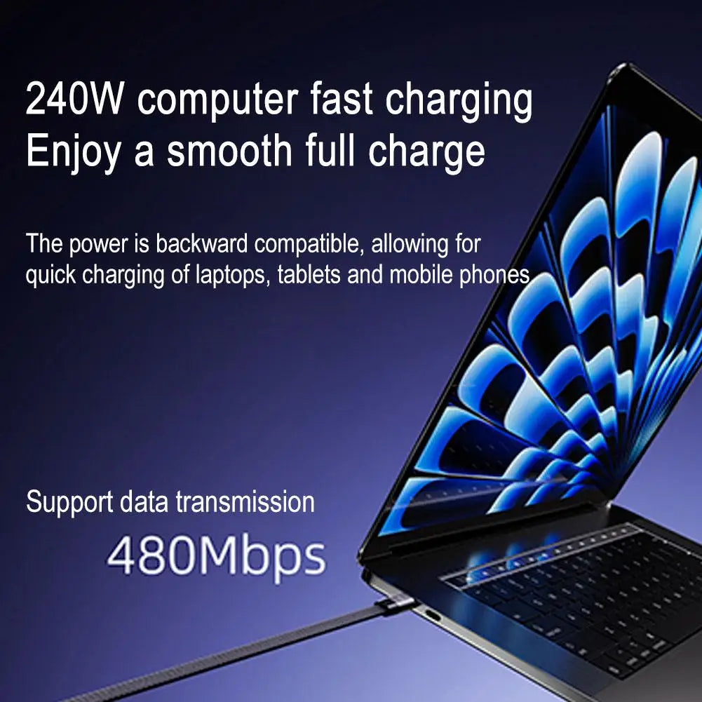 Laptop with charging cable on a dark background, highlighting fast charging capabilities.