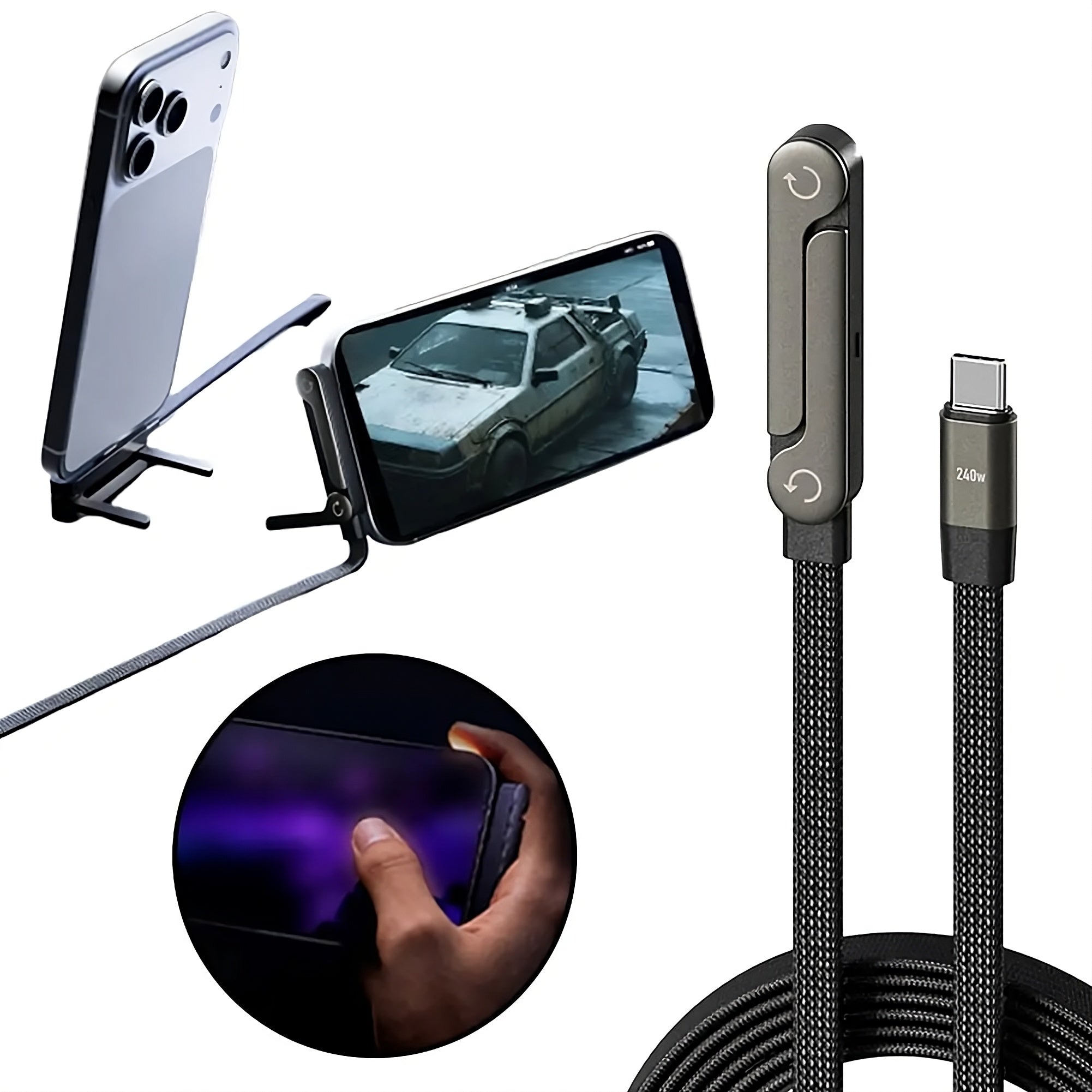 Phone stand, phone screen magnifier, and phone cable on a white background