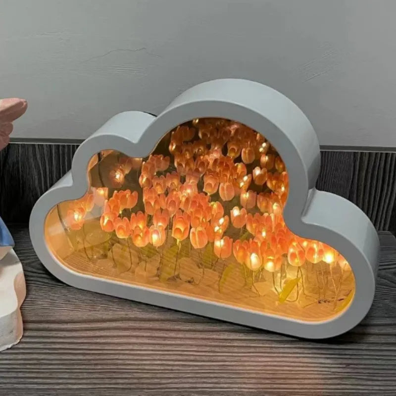 Cloud tulip LED night light with decorative flowers