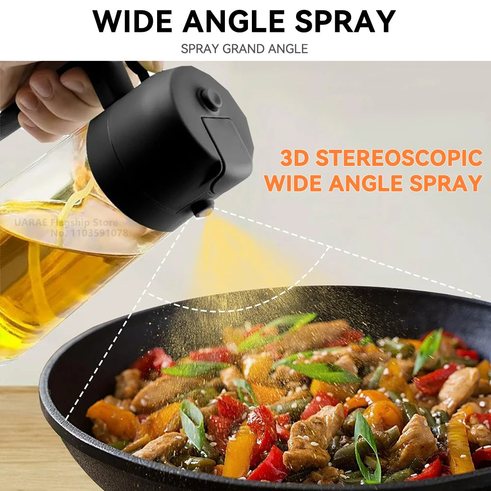 Spraying oil into a pan with food using a wide angle spray device.