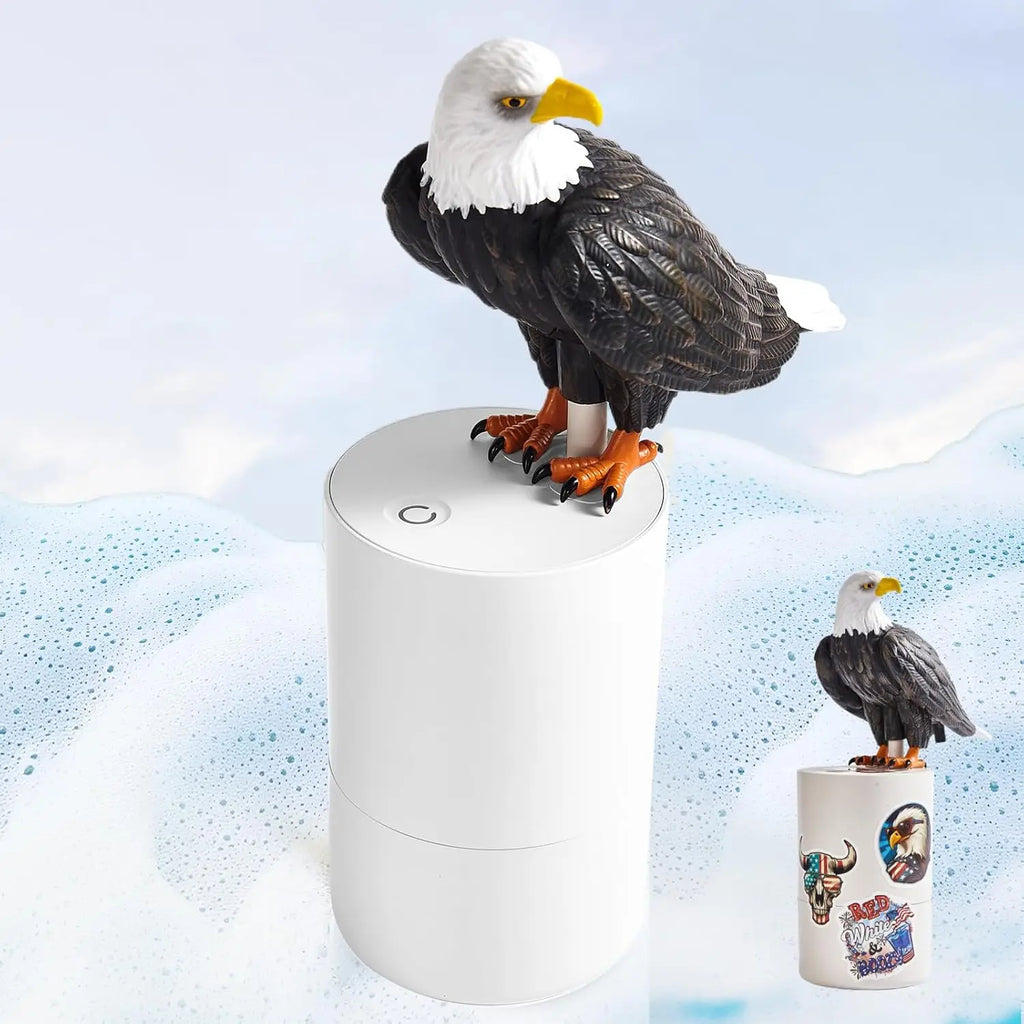 Eagle figurine on a cylindrical white object with a blue gradient background