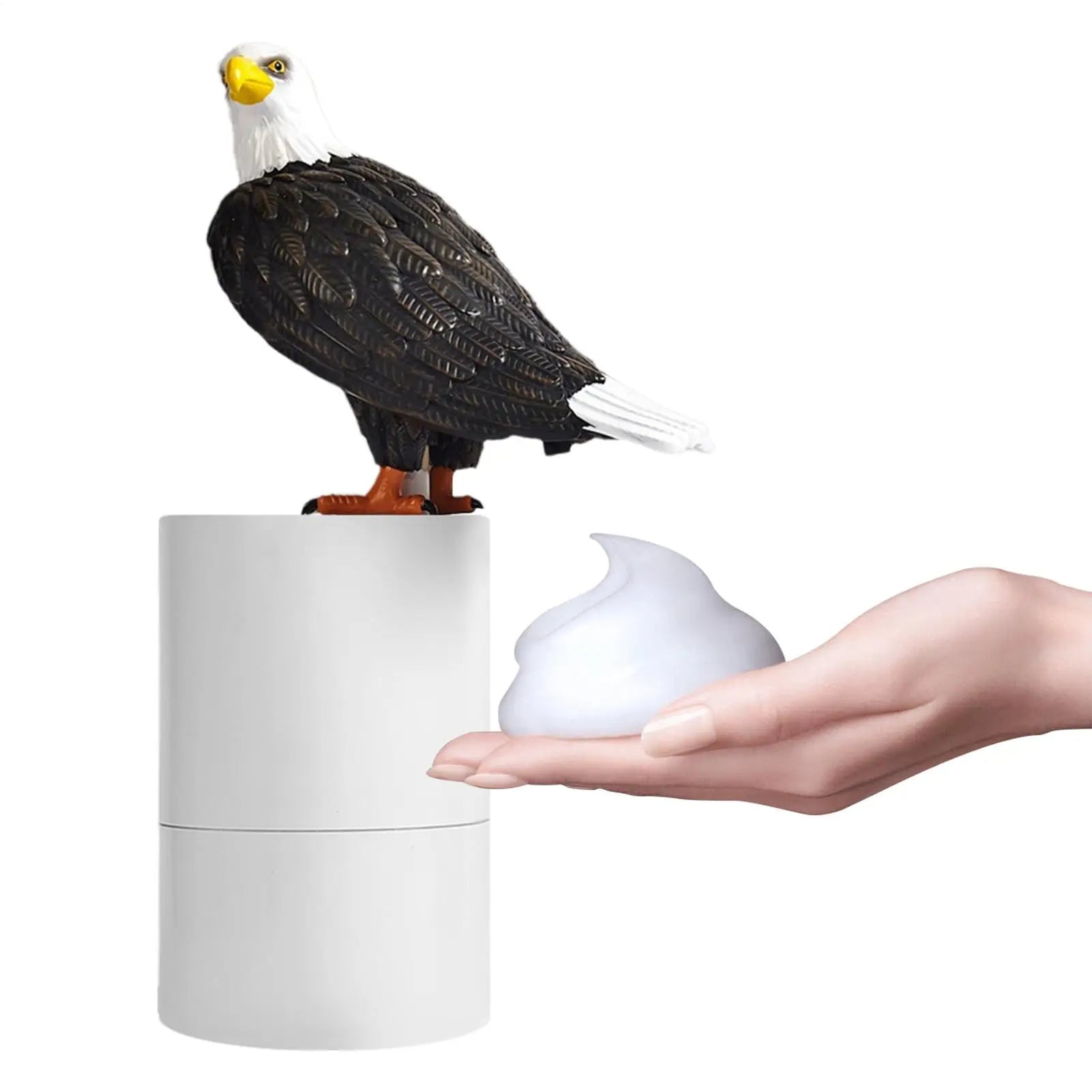 White container with an eagle figurine on top, being opened by a hand.