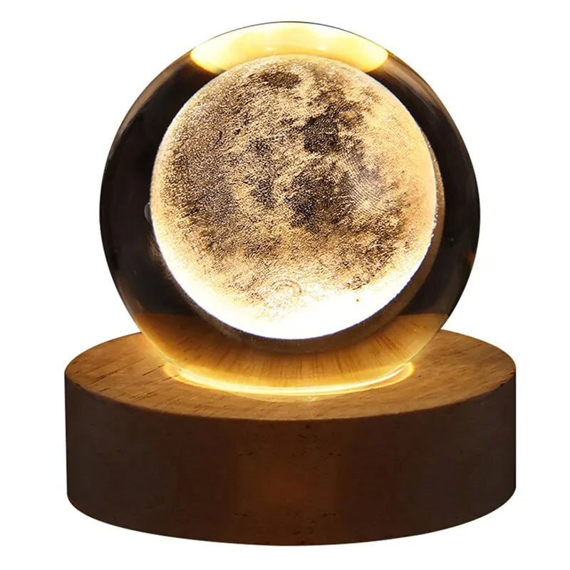 Moon lamp with wooden base on a white background
