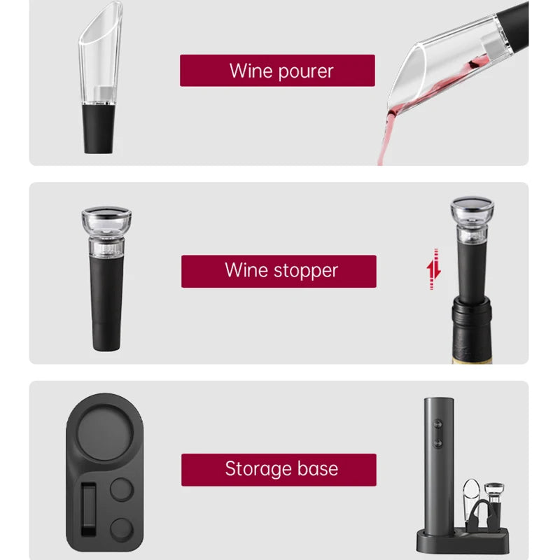 Electric wine opener removing cork from wine bottle