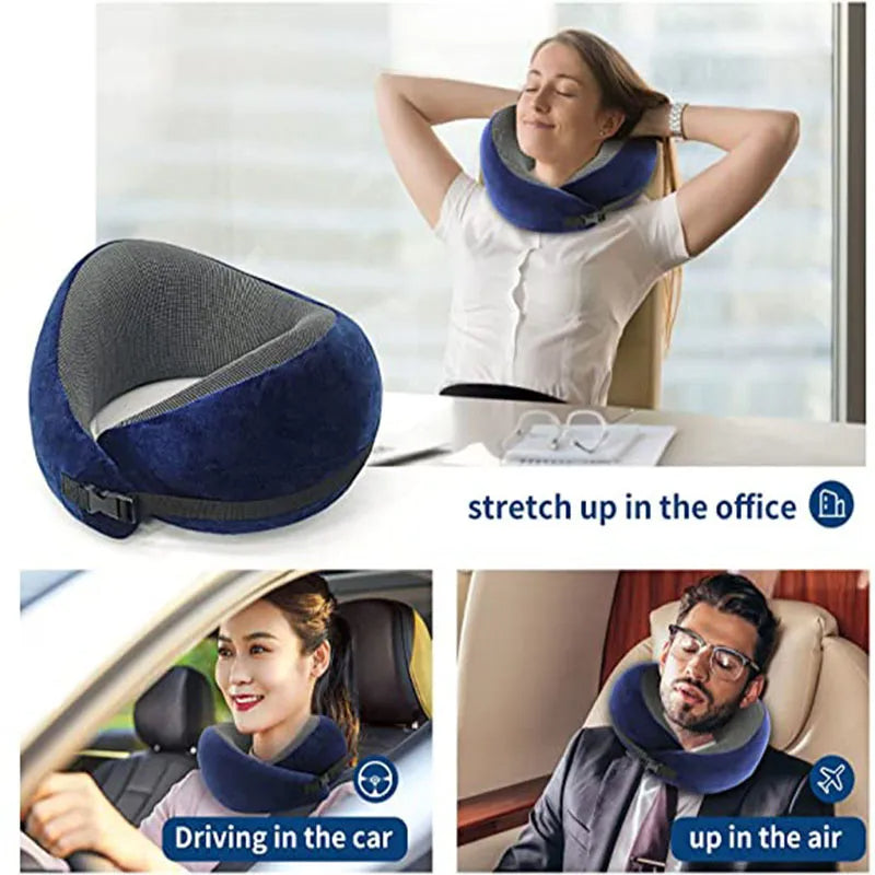 Collage of a neck pillow being used in various settings: office, car, and airplane.