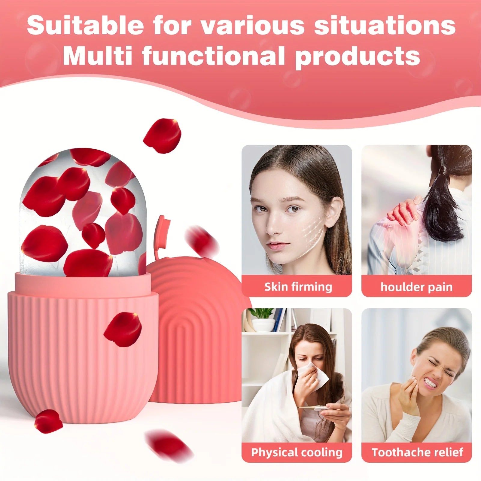 Pink multi-functional product with rose petals, shown with its uses for skin firming, shoulder pain, physical cooling, and toothache relief.