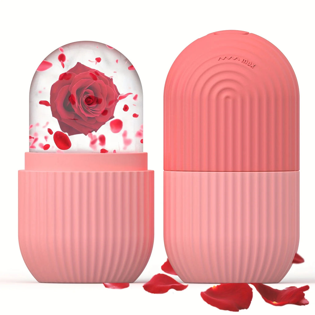 Pink container with a rose inside on a white background