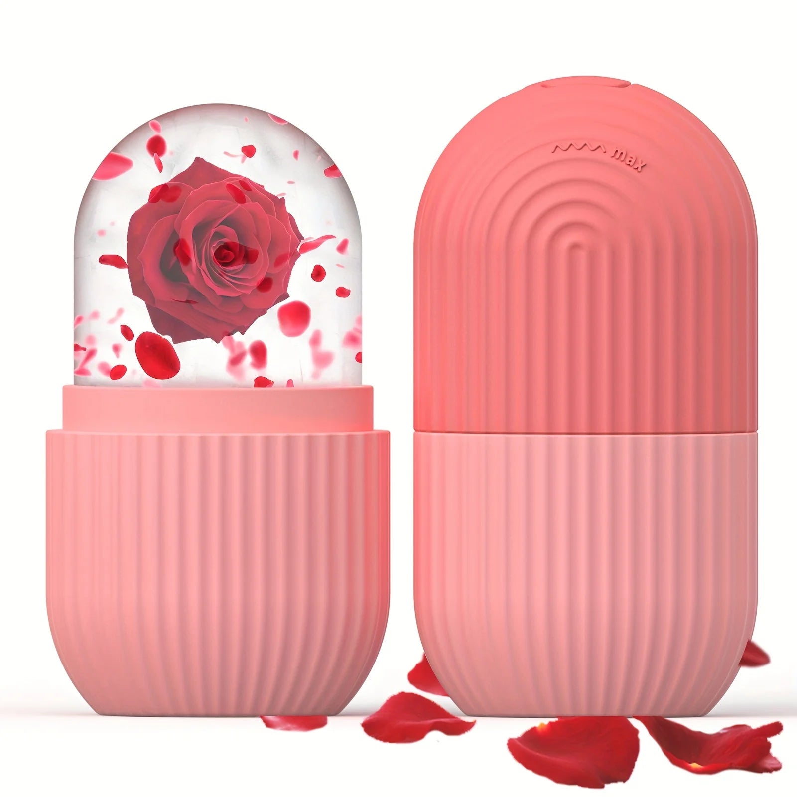 Pink container with a rose inside on a white background