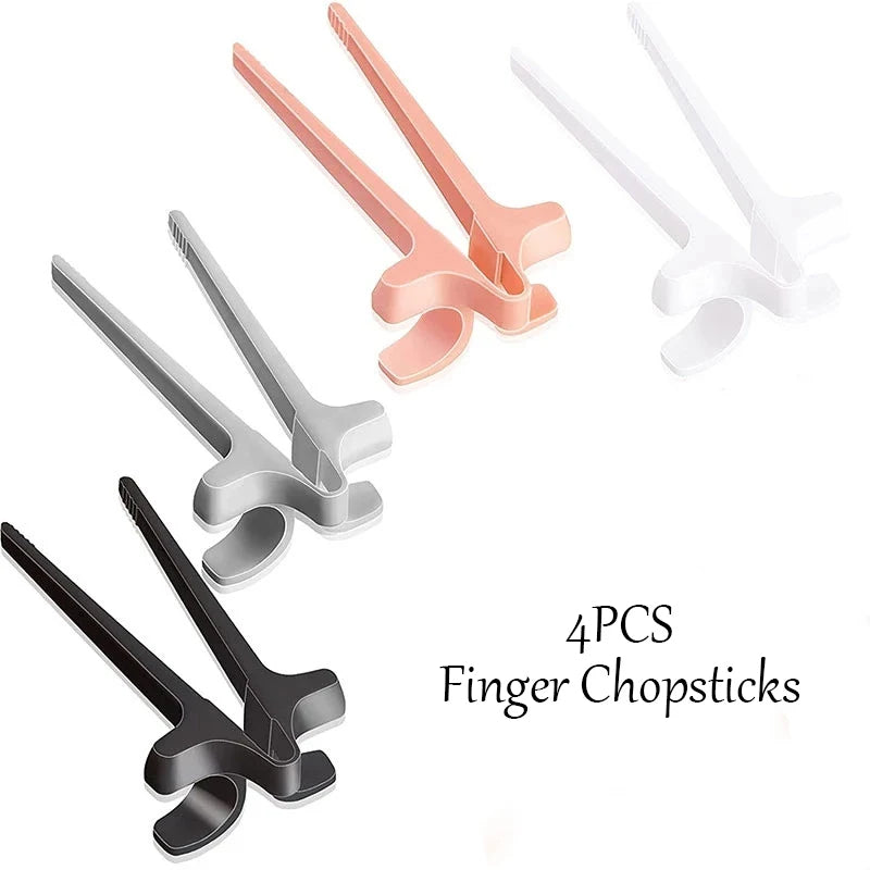 Four pairs of finger chopsticks in black, silver, and rose gold on a white background.