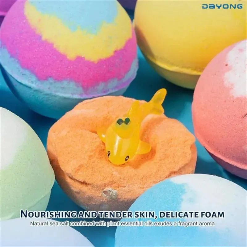 Colorful fizzy bath bombs creating a fun kids bath experience