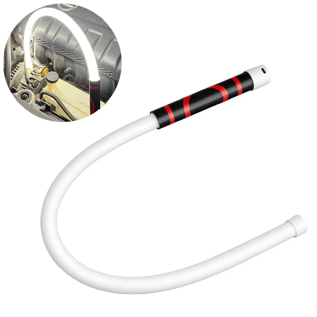 White LED light with black and red accents on a white background