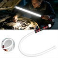 Person using a flexible LED light to inspect a car engine with close-up of the light tool.