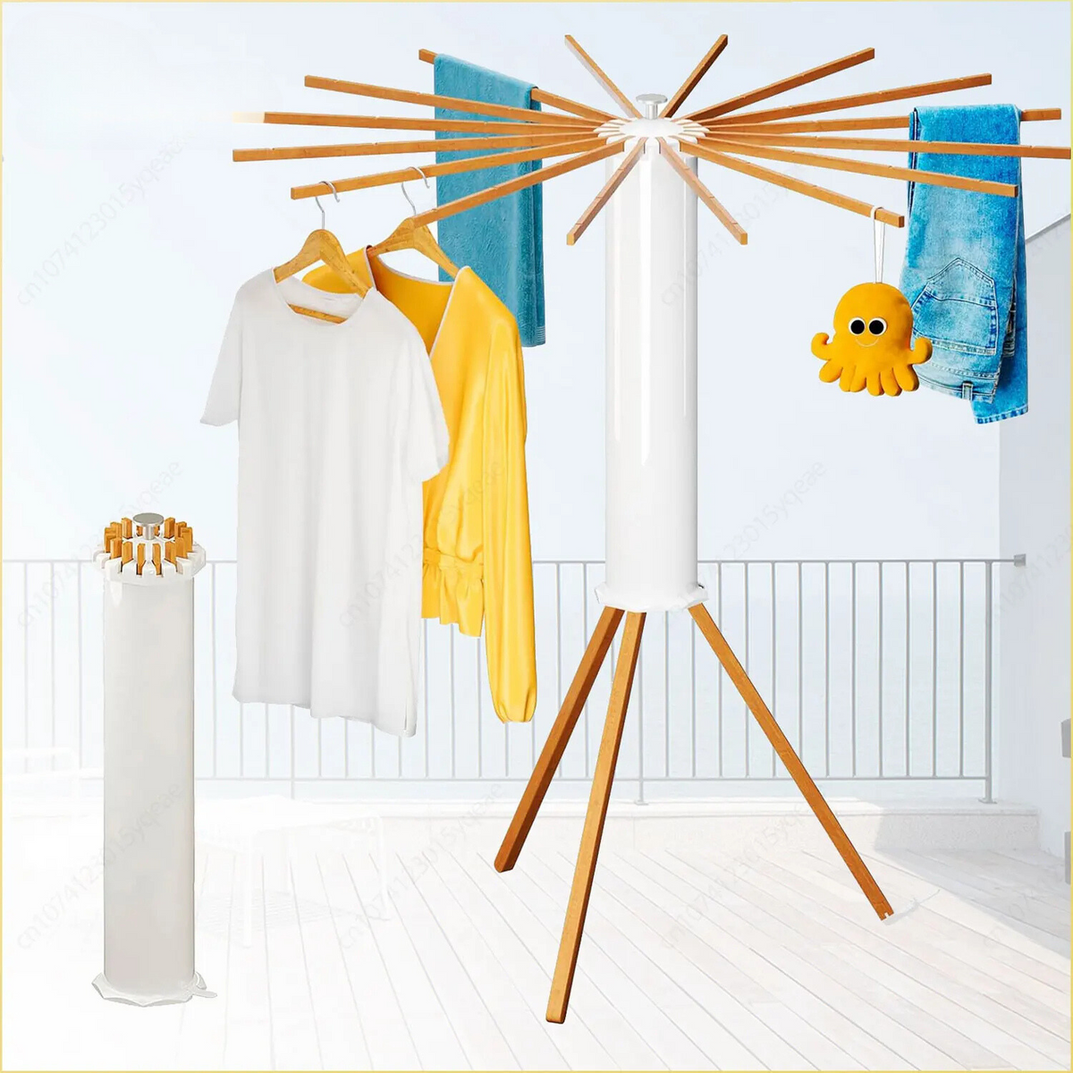 Foldable clothes drying rack with 16 rotating arms