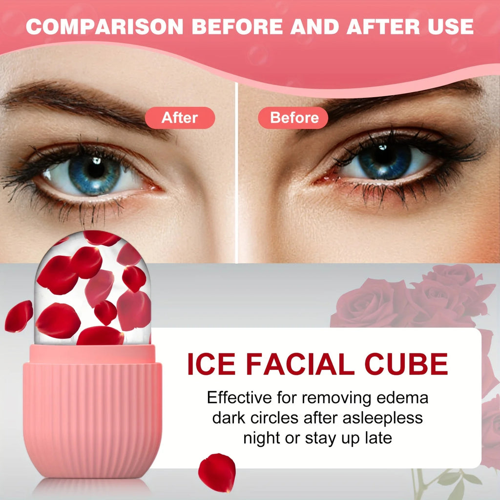 Ice facial cube with before and after use comparison on eyes, featuring a pink container with red rose petals.