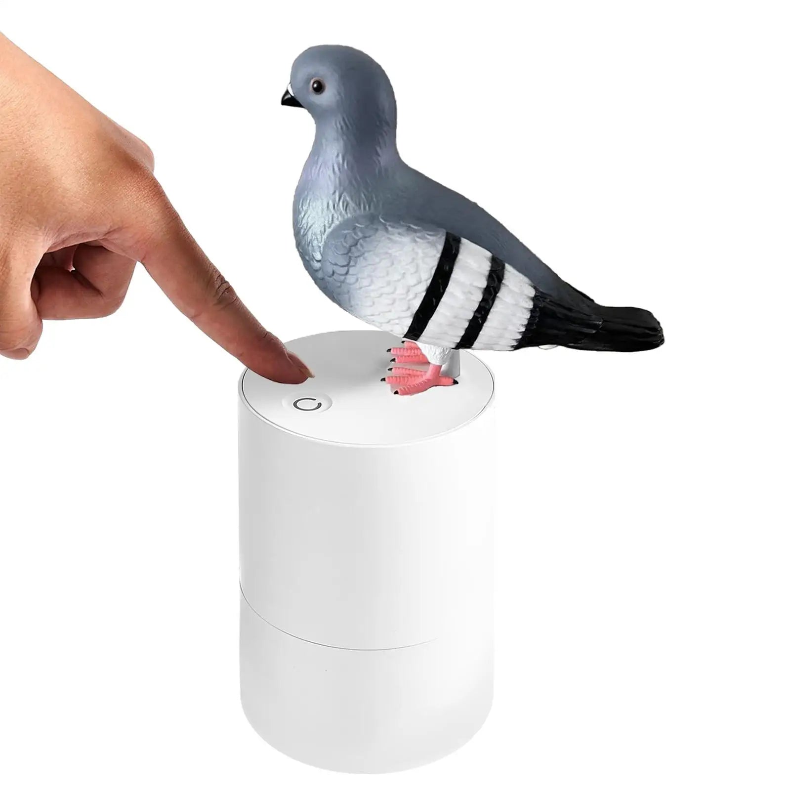 Pigeon-shaped device with a hand pressing a button on a white background