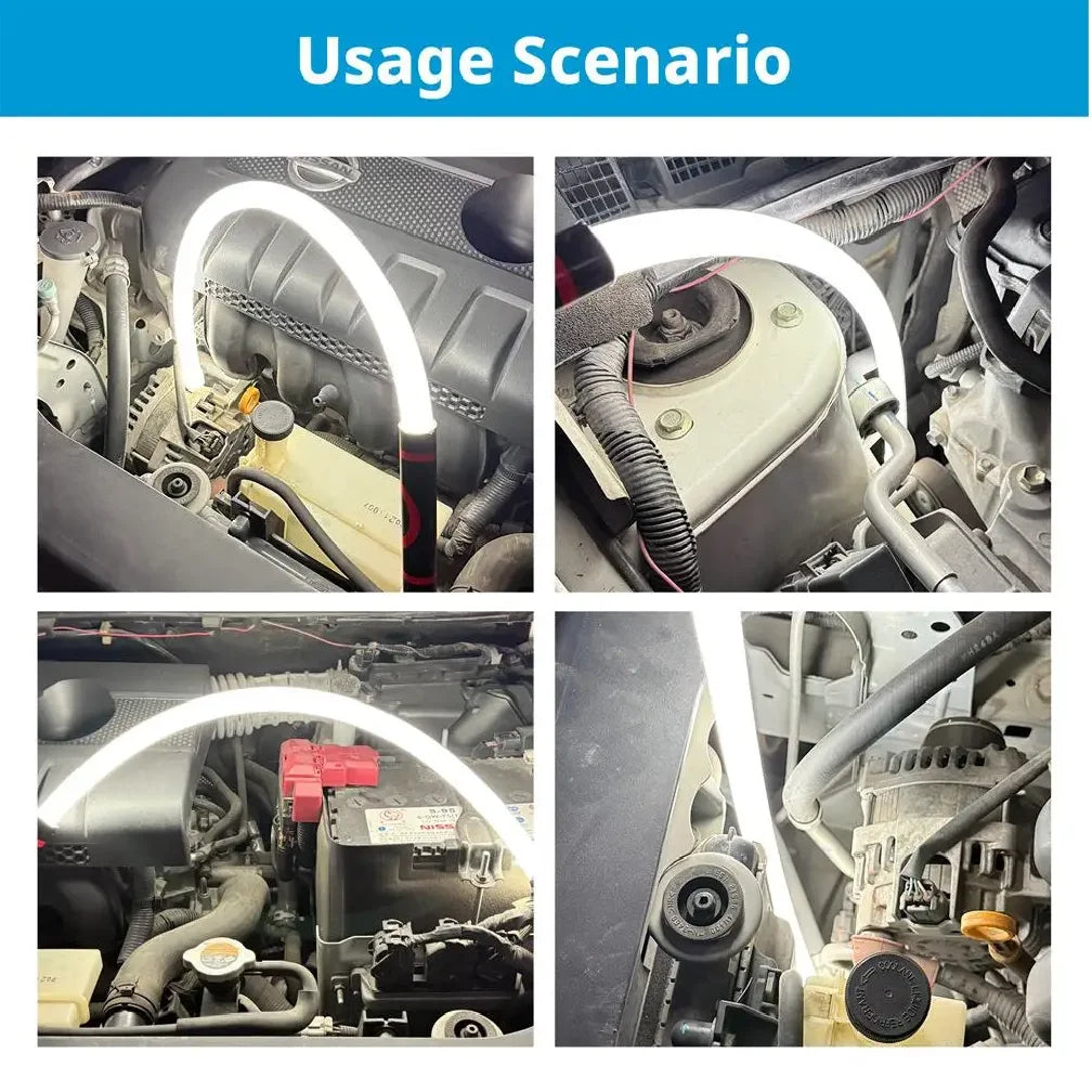 Usage scenario of a car engine inspection tool with close-up shots of different parts.