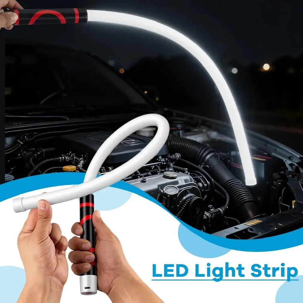 LED light strip being used to inspect a car engine at night.
