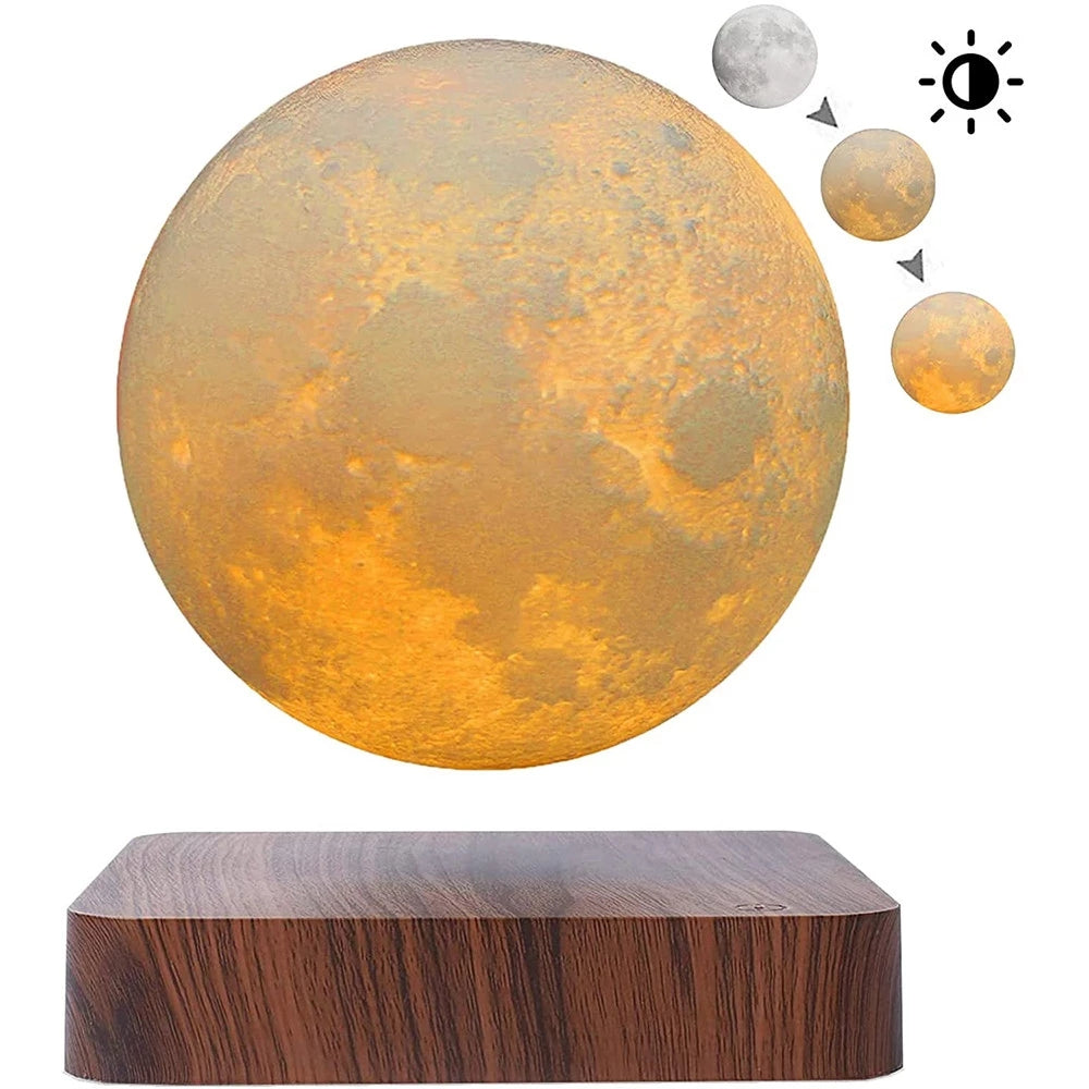 Magnetic levitating moon lamp floating above wooden base