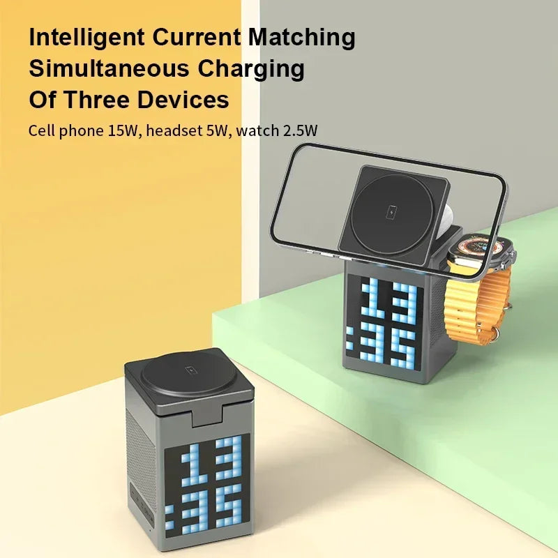 Multi-device wireless charging station with digital display on a colorful background