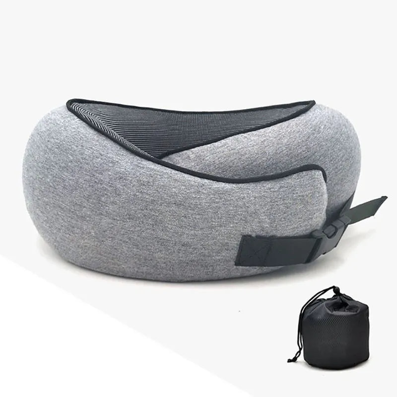 Gray travel neck pillow with black strap on a white background