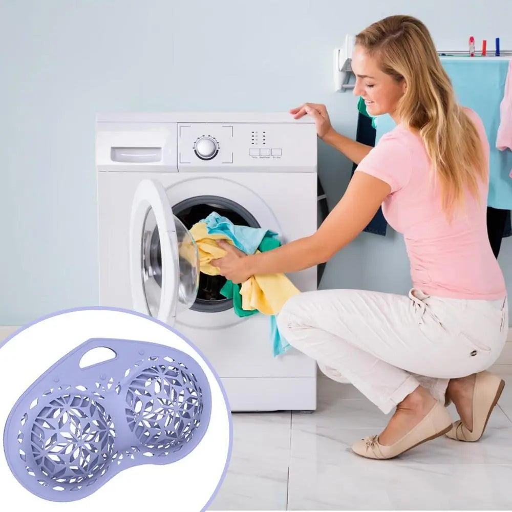 Woman loading clothes into a washing machine with a close-up of a laundry basket filter.