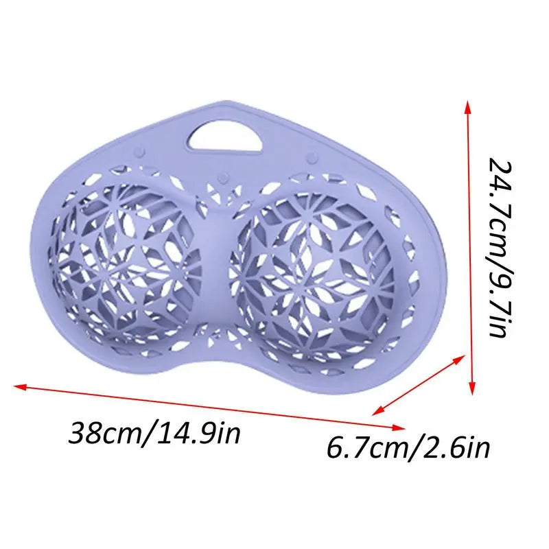 Silicone laundry basket with dimensions indicated on a white background