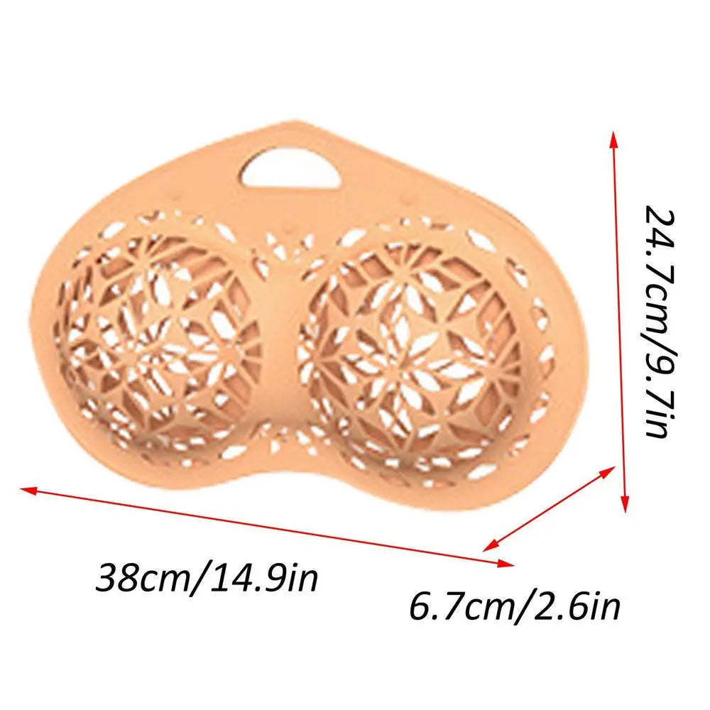 Beige silicone strainer with floral patterns and measurements on a white background