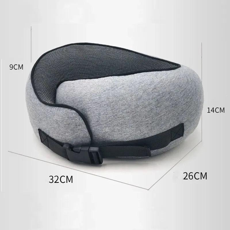 Gray travel pillow with black straps on a white background, showing measurements.