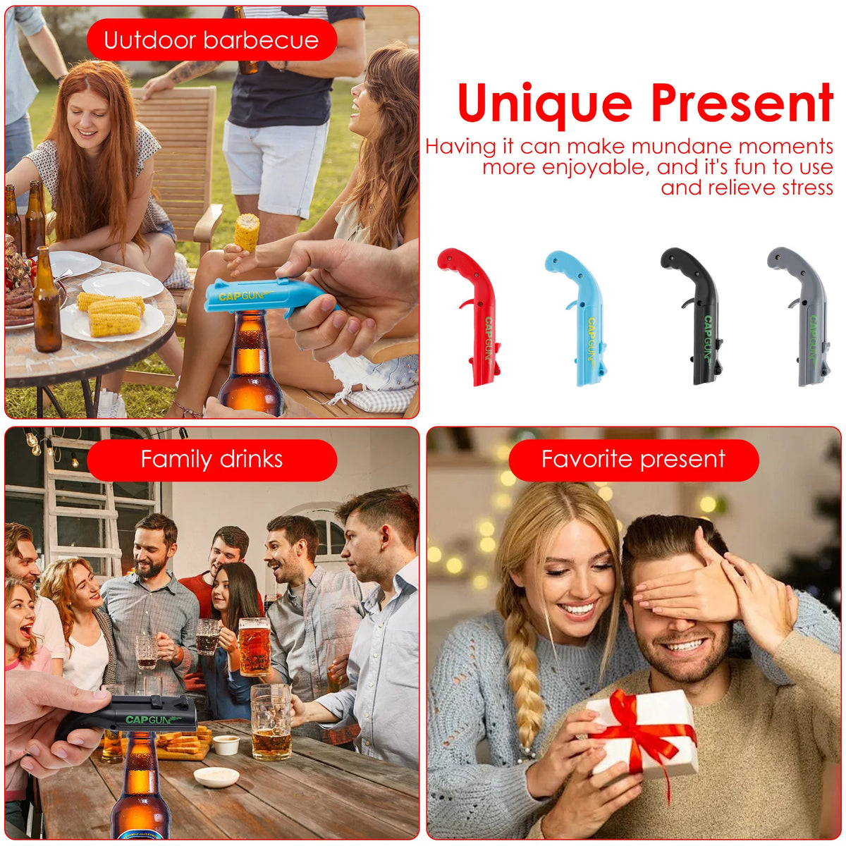 Novelty cap gun bottle opener for parties and gatherings
