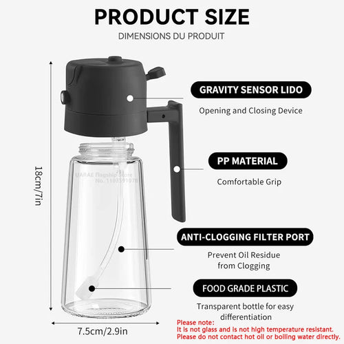Product size chart with a glass bottle and black lid, featuring text labels on a white background.
