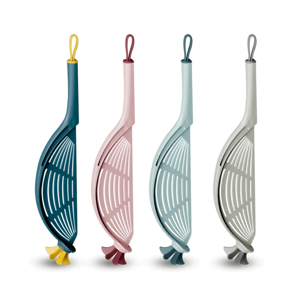 Pasta pot strainer held over cookware for easy draining