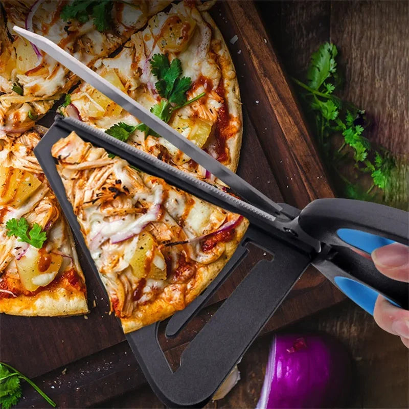 Pizza scissors cutting through a pizza slice