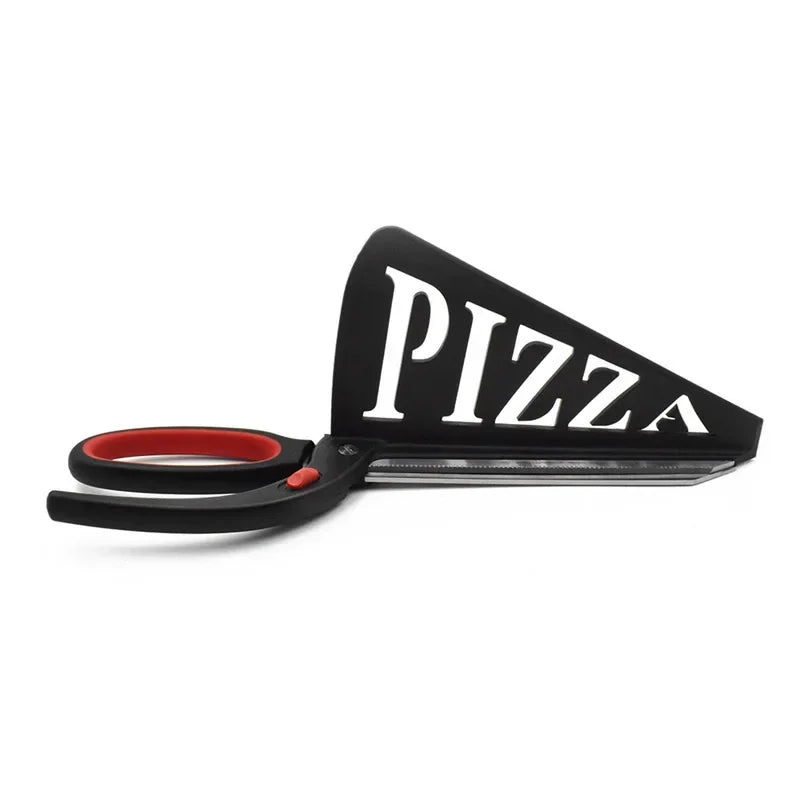 Pizza scissors with serving tray lifting a freshly cut slice