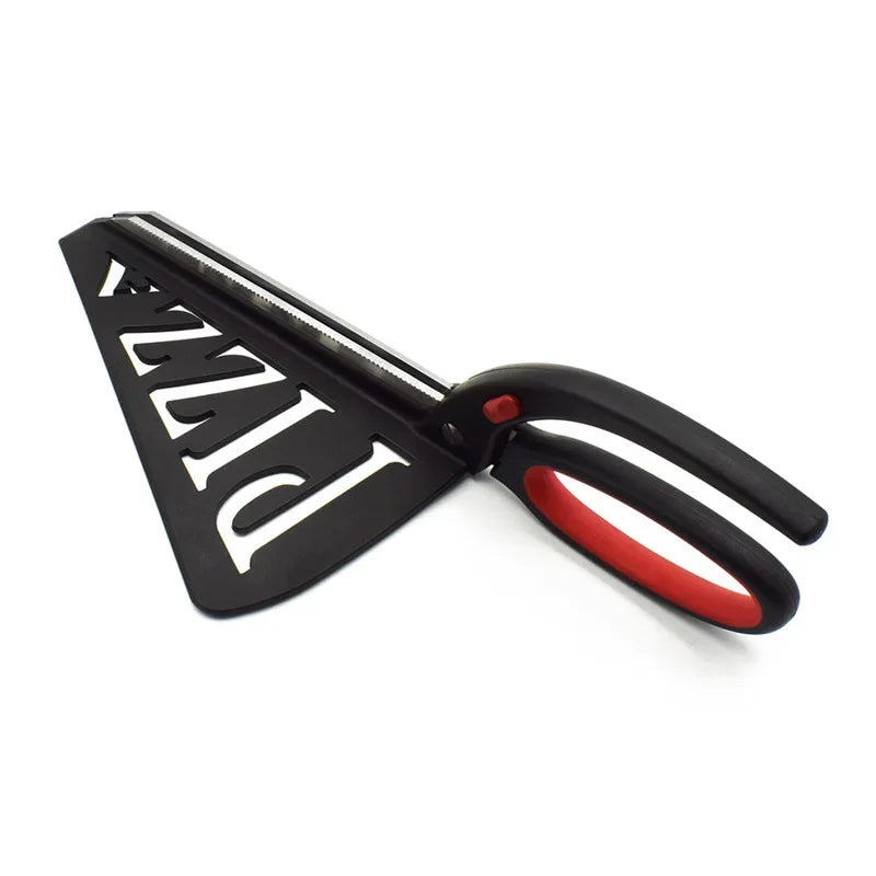Red pizza scissors with attached serving spatula