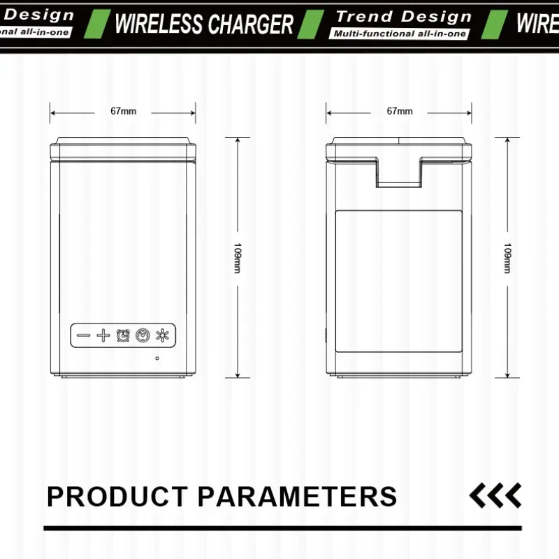 Wireless charger with dimensions and product parameters on a white background