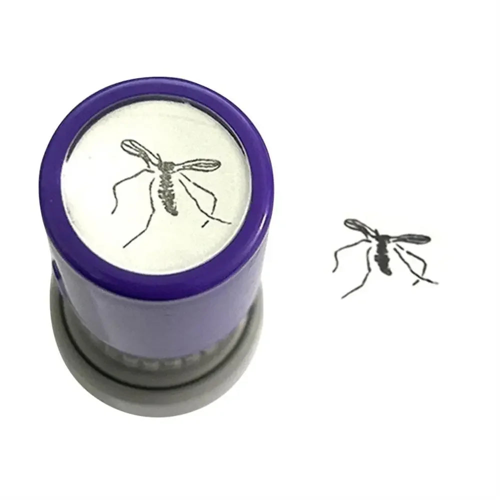 Rubber stamp with a purple top and white background featuring a mosquito design.