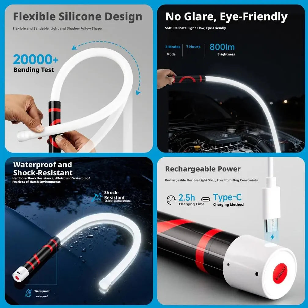 Collage of features and uses of a flexible silicone LED light strip with text on durability, eye protection, waterproofing, and charging.