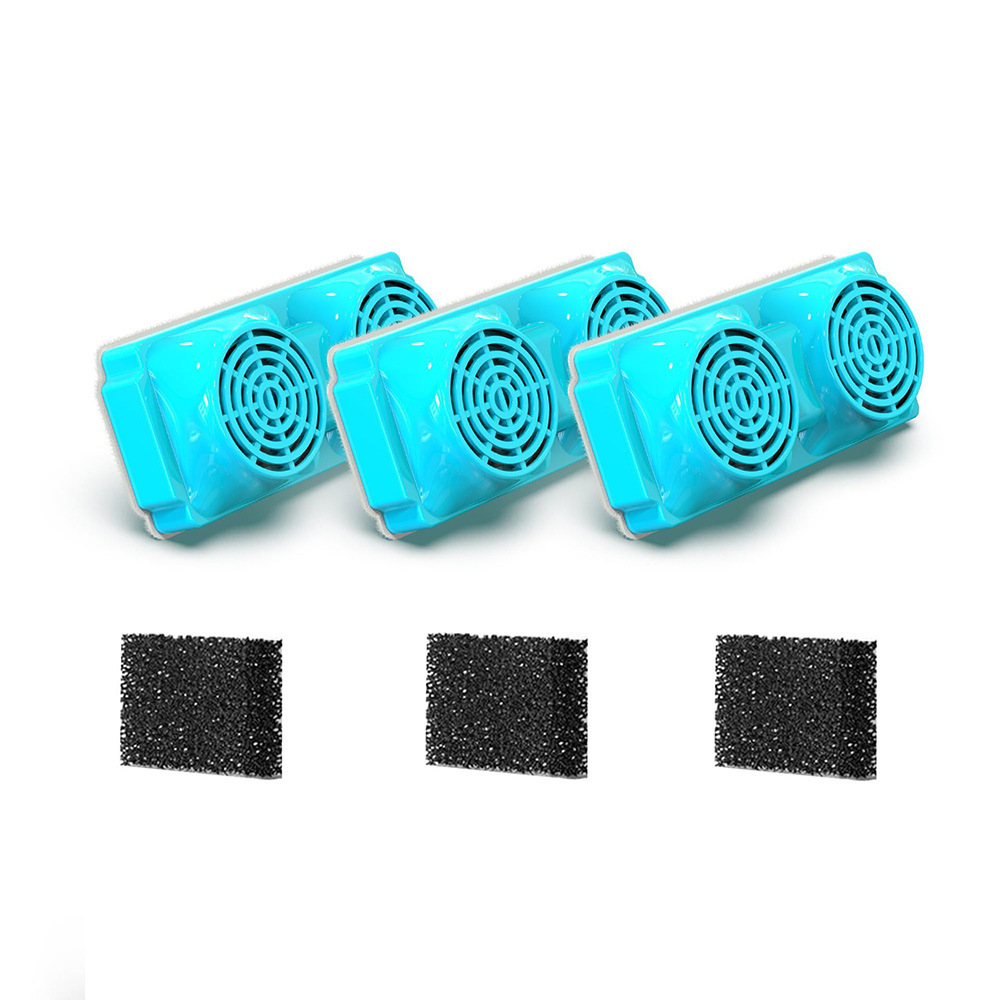 Three blue rubber gaskets and three black rubber washers on a white background