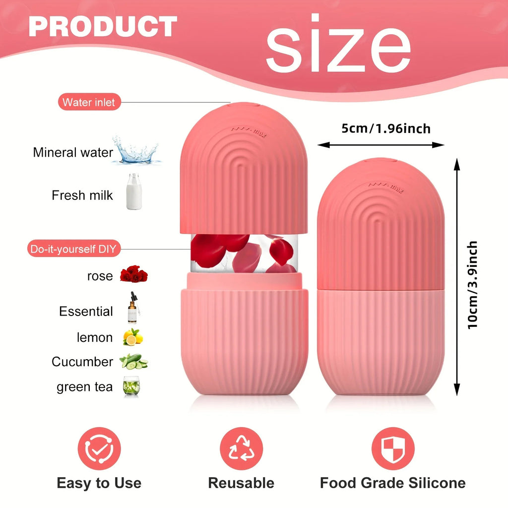 Pink silicone container with measurements and product features on a white background