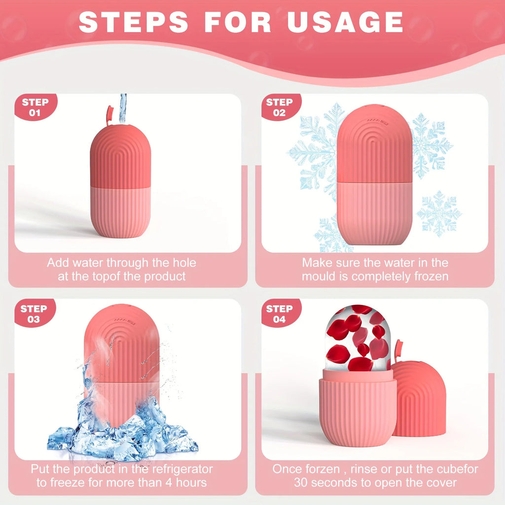 Step-by-step guide on how to use a pink ice cube mold with images and text.